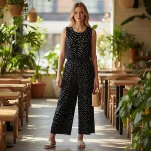 London Times Women's Black White Polka Dot Wide Leg Cropped Jumpsuit Size 12 NWT